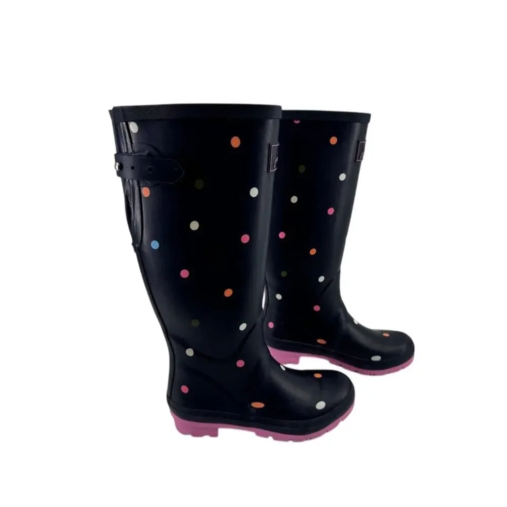 Joules Navy Polka Dot Tall Rain Boots Waterproof Rubber Wellies Womens US Size 6